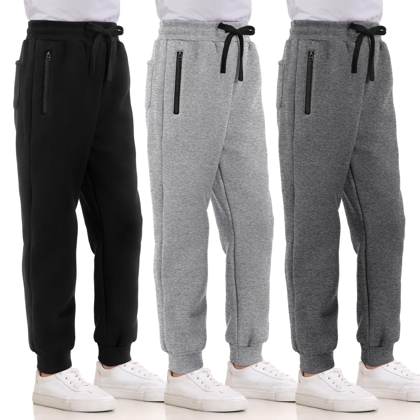 3 Pack Boys Sweatpants Fleece Cotton Athletic Pants Boys Joggers with Zipper Pockets Kids Youth Workout Sweat Pants Size 5-16