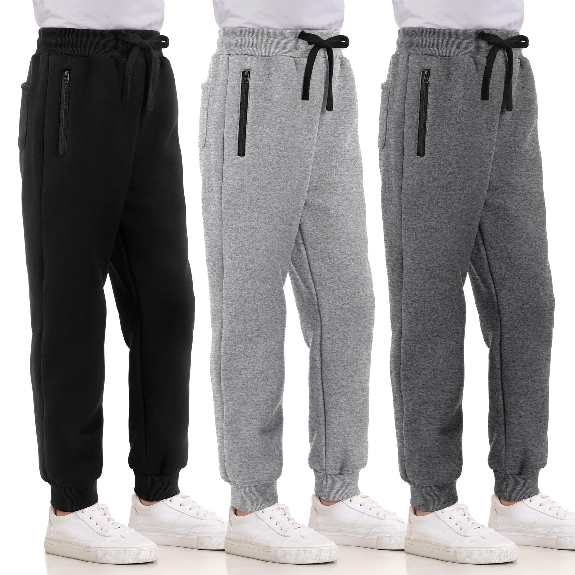 3 Pack Boys Sweatpants Fleece Cotton Athletic Pants Boys Joggers with Zipper Pockets Kids Youth Workout Sweat Pants Size 5-16