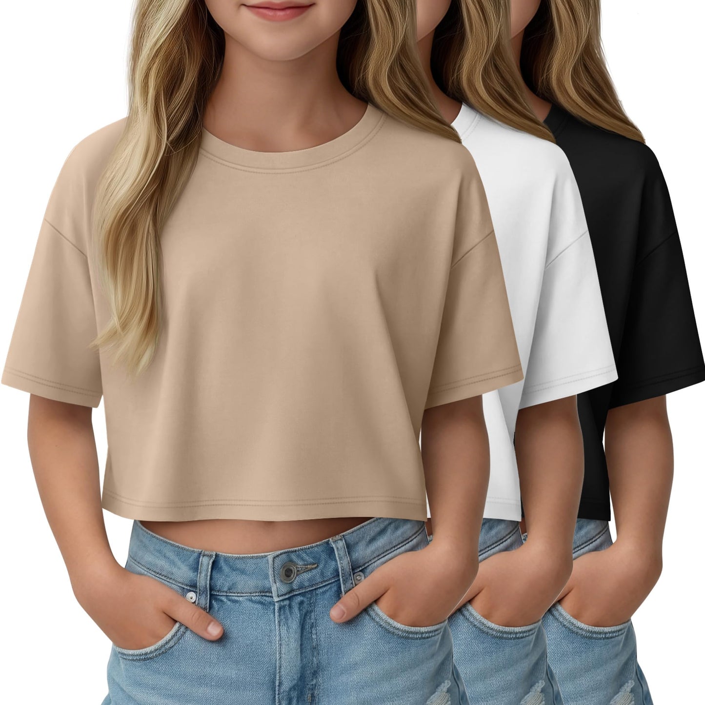 LessonZoo 3 Pack Girls Short Sleeve Crop Tops Kids Oversized Crew Neck Cropped Athletic T Shirts Basic Tees Size 5-14 Years