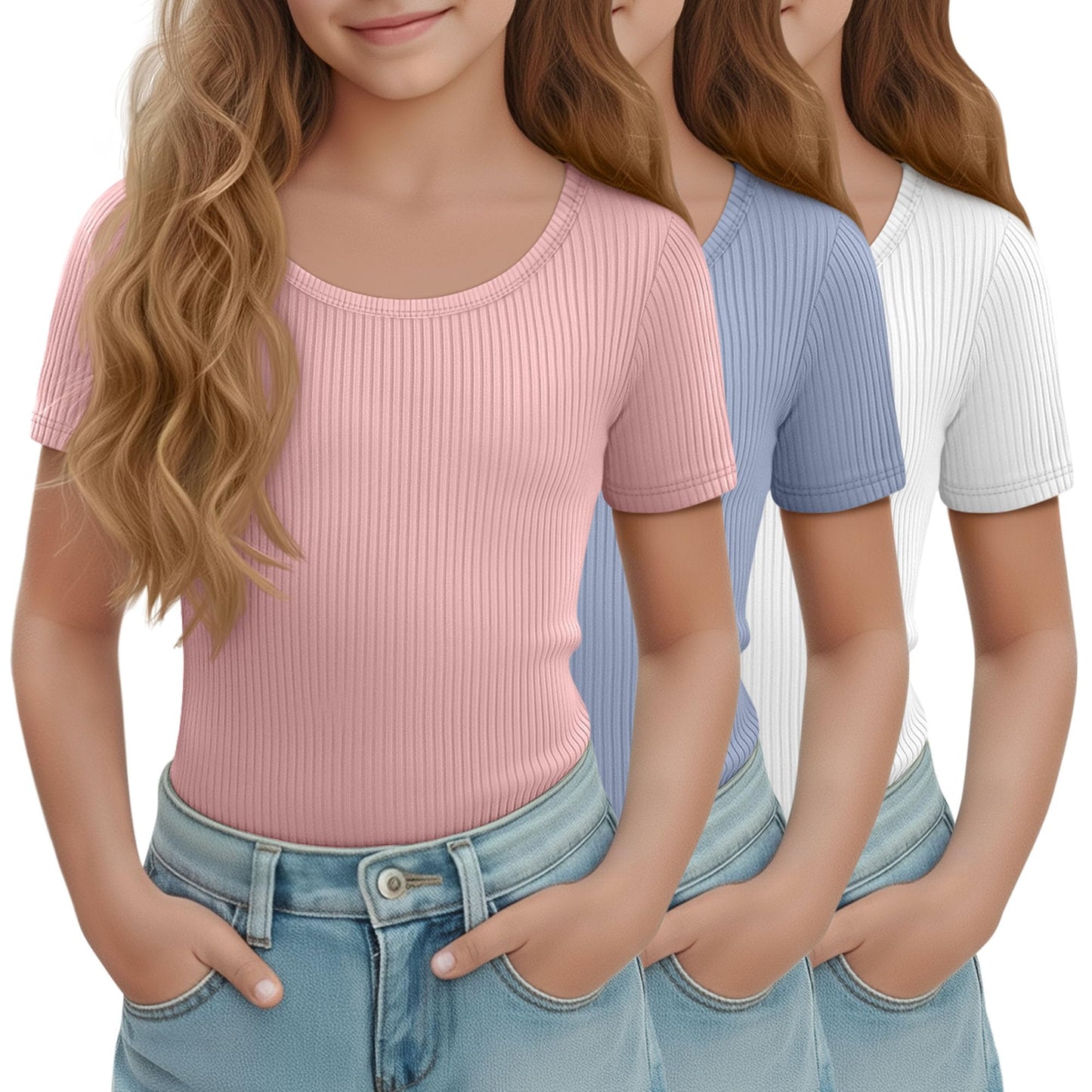 LessonZoo 3 Pack Girls Short Sleeve Shirts Ribbed Knit Scoop Neck T-Shirts Kids Solid Tops Slim Fit Casual Tees 5-14 Years