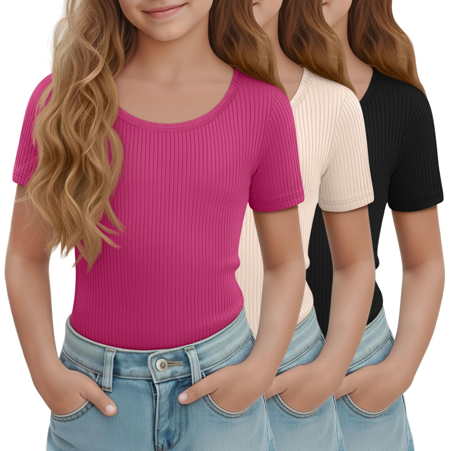 LessonZoo 3 Pack Girls Short Sleeve Shirts Ribbed Knit Scoop Neck T-Shirts Kids Solid Tops Slim Fit Casual Tees 5-14 Years