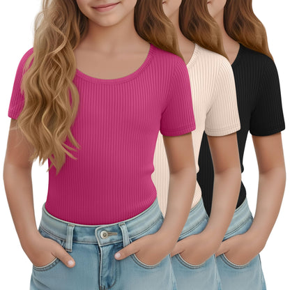 LessonZoo 3 Pack Girls Short Sleeve Shirts Ribbed Knit Scoop Neck T-Shirts Kids Solid Tops Slim Fit Casual Tees 5-14 Years