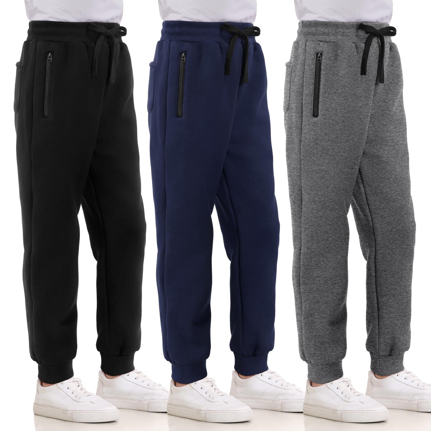 3 Pack Boys Sweatpants Fleece Cotton Athletic Pants Boys Joggers with Zipper Pockets Kids Youth Workout Sweat Pants Size 5-16