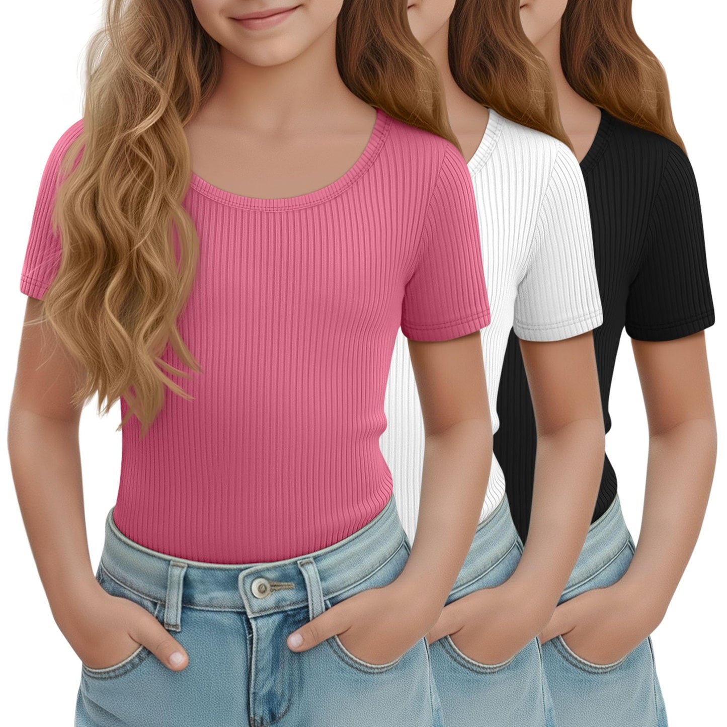 LessonZoo 3 Pack Girls Short Sleeve Shirts Ribbed Knit Scoop Neck T-Shirts Kids Solid Tops Slim Fit Casual Tees 5-14 Years