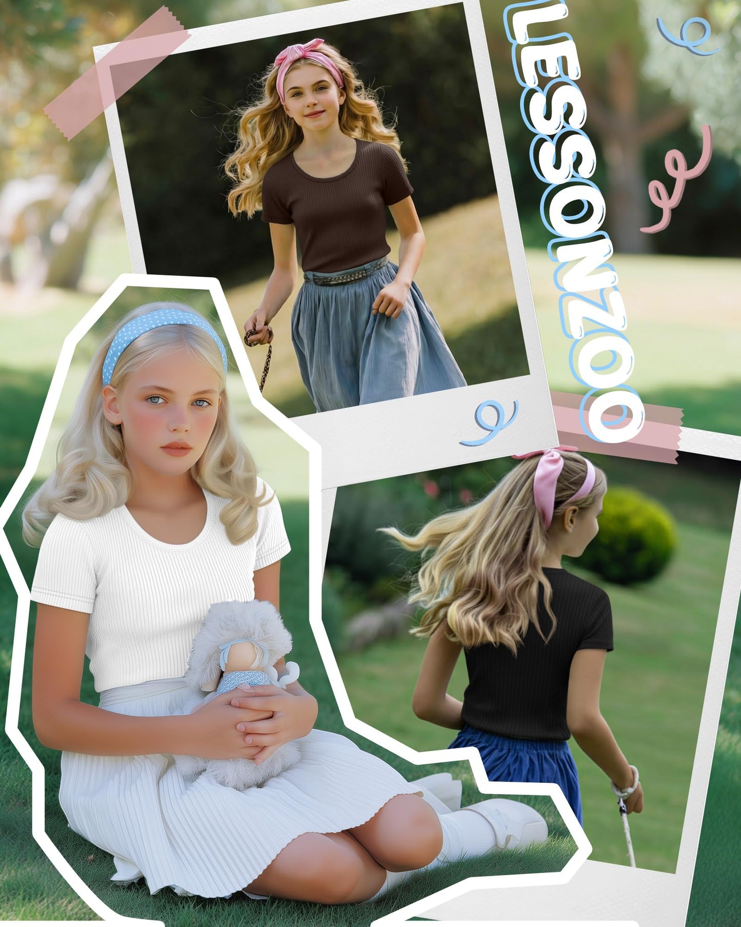 LessonZoo 3 Pack Girls Short Sleeve Shirts Ribbed Knit Scoop Neck T-Shirts Kids Solid Tops Slim Fit Casual Tees 5-14 Years