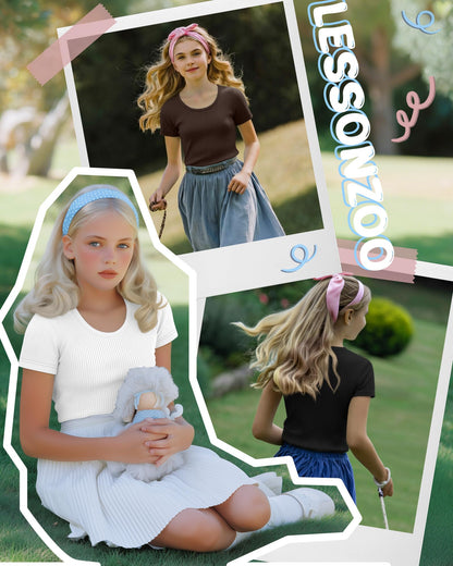 LessonZoo 3 Pack Girls Short Sleeve Shirts Ribbed Knit Scoop Neck T-Shirts Kids Solid Tops Slim Fit Casual Tees 5-14 Years