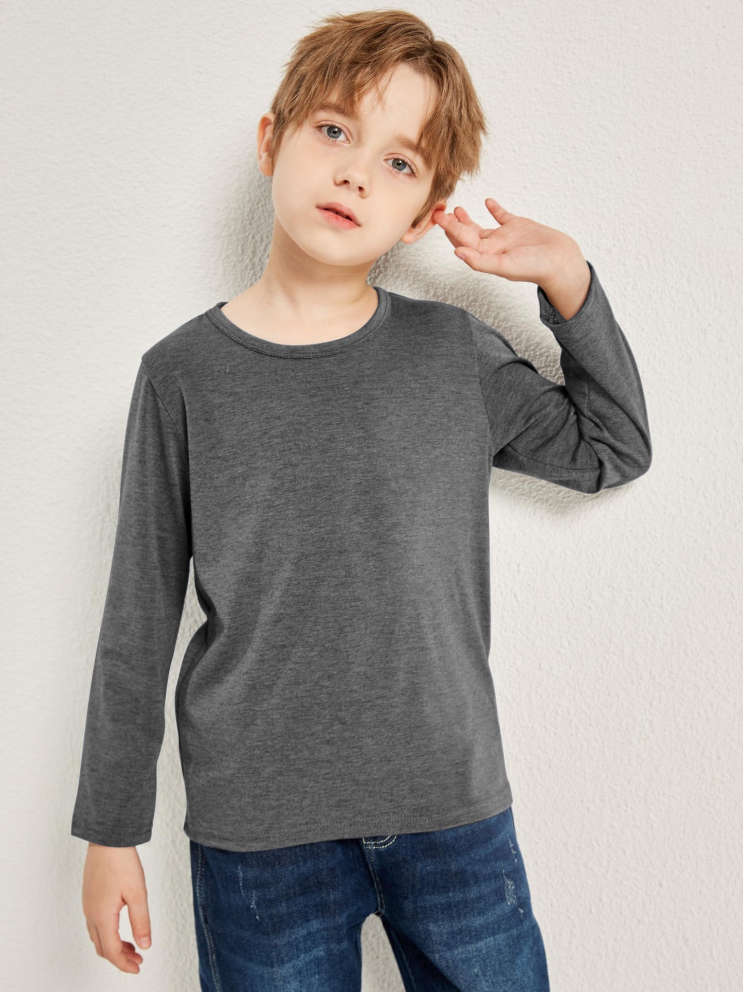 Boys Solid Color Long Sleeve Crewneck T Shirt 5 Pack Set