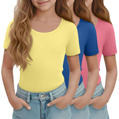 LessonZoo 3 Pack Girls Short Sleeve Shirts Ribbed Knit Scoop Neck T-Shirts Kids Solid Tops Slim Fit Casual Tees 5-14 Years