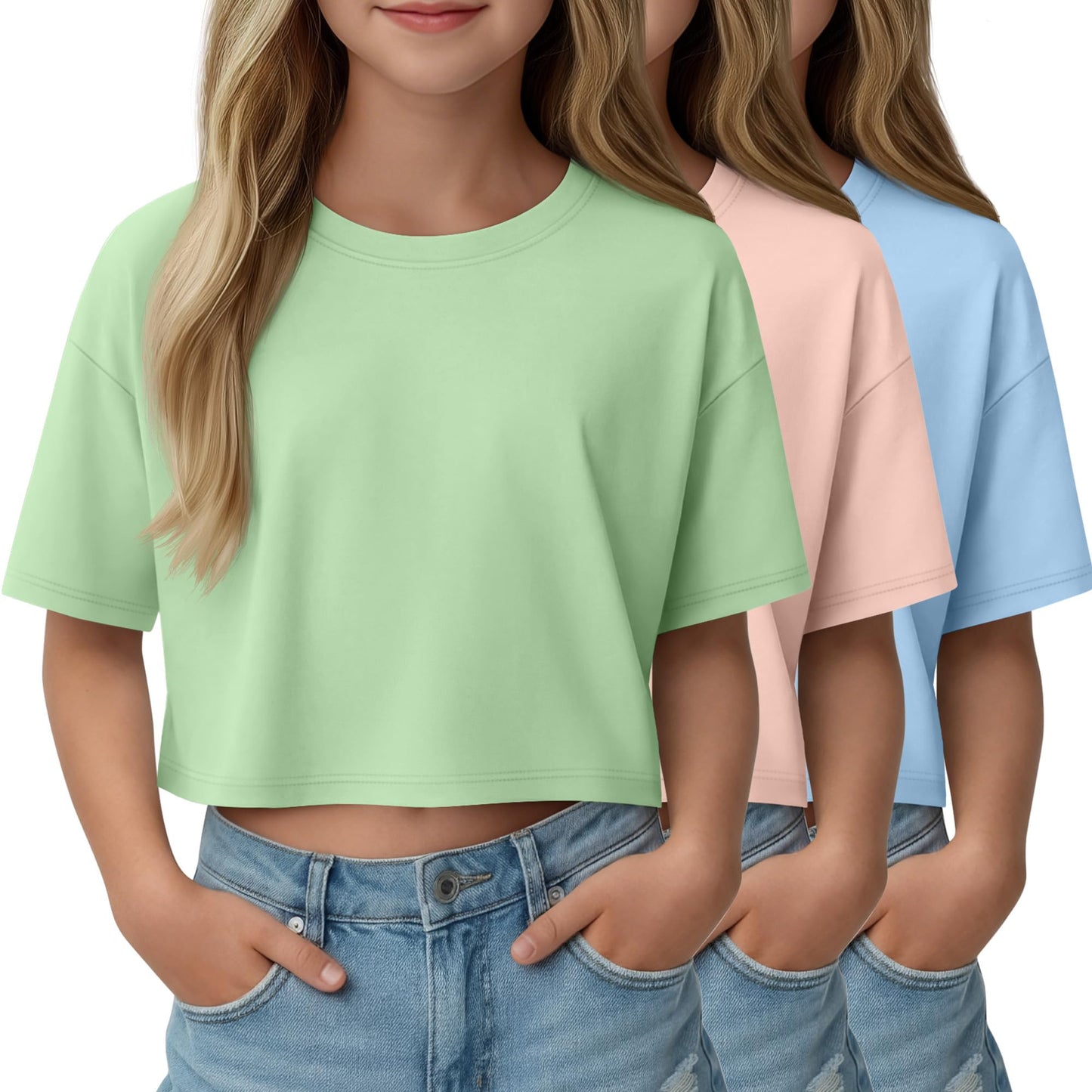 LessonZoo 3 Pack Girls Short Sleeve Crop Tops Kids Oversized Crew Neck Cropped Athletic T Shirts Basic Tees Size 5-14 Years