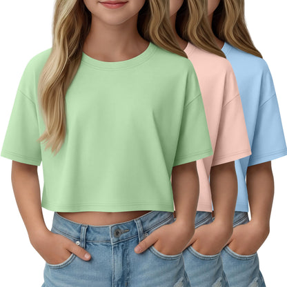 LessonZoo 3 Pack Girls Short Sleeve Crop Tops Kids Oversized Crew Neck Cropped Athletic T Shirts Basic Tees Size 5-14 Years