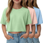 LessonZoo 3 Pack Girls Short Sleeve Crop Tops Kids Oversized Crew Neck Cropped Athletic T Shirts Basic Tees Size 5-14 Years