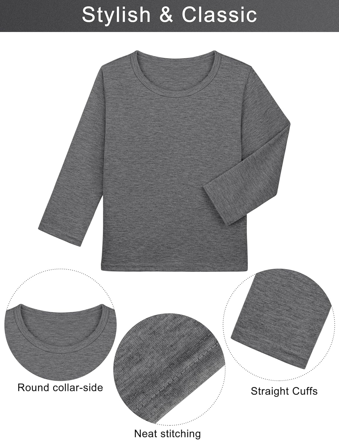 Boys Solid Color Long Sleeve Crewneck T Shirt 5 Pack Set