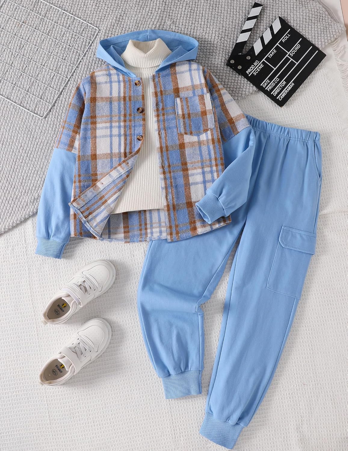2Pcs Boys Clothes Sweatsuit Set Hoodie Flannel Plaid Shirt and Jogger Pants for Kids Fall Winter Spring Outfits