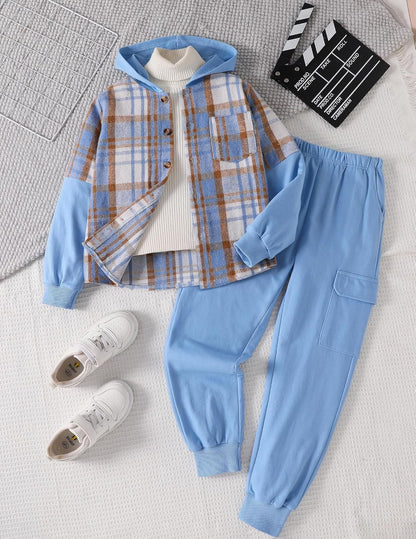 2Pcs Boys Clothes Sweatsuit Set Hoodie Flannel Plaid Shirt and Jogger Pants for Kids Fall Winter Spring Outfits